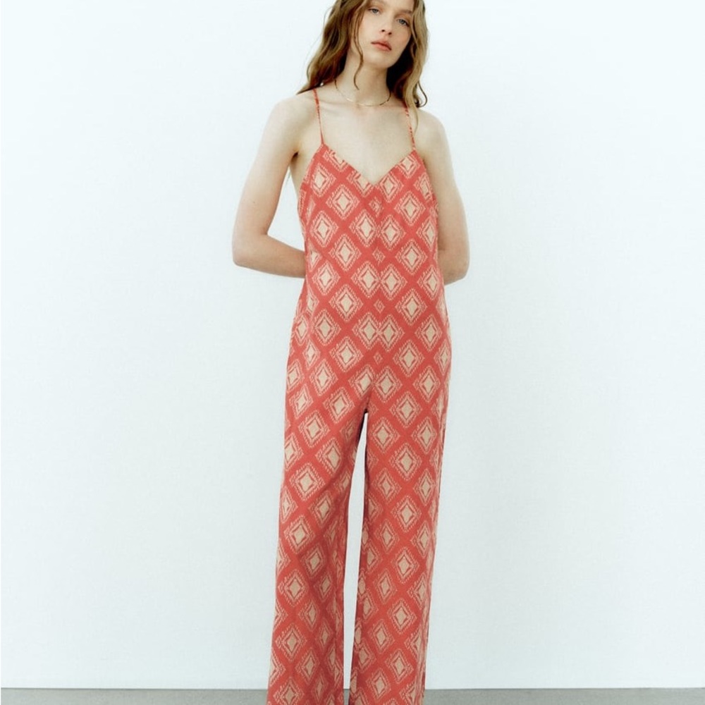 Zara NWOT Printed The Jami Print Jumpsuit orange/creme size Small - Picture 6 of 9